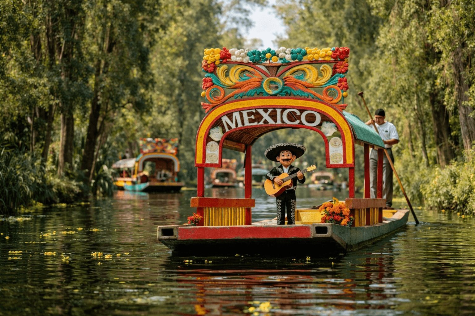 Bunte Trajineras auf den Kanälen von Xochimilco