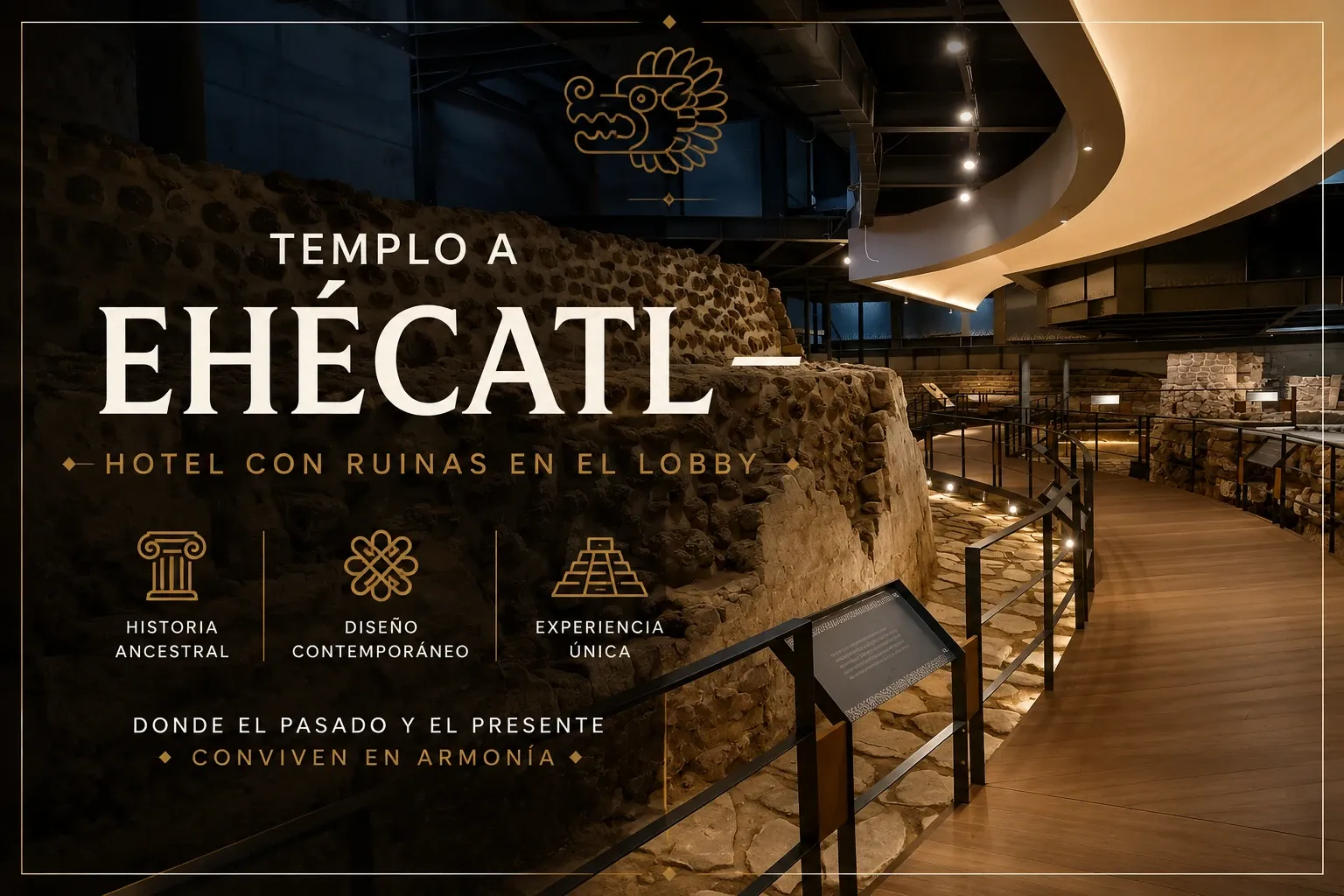 Templo a Ehécatl-Quetzalcóatl visto do lobby com pisos de vidro