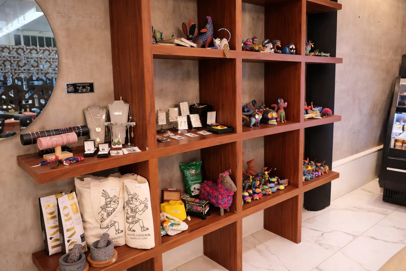 Souvenirs and packaged goods at Cathedral Coffee.