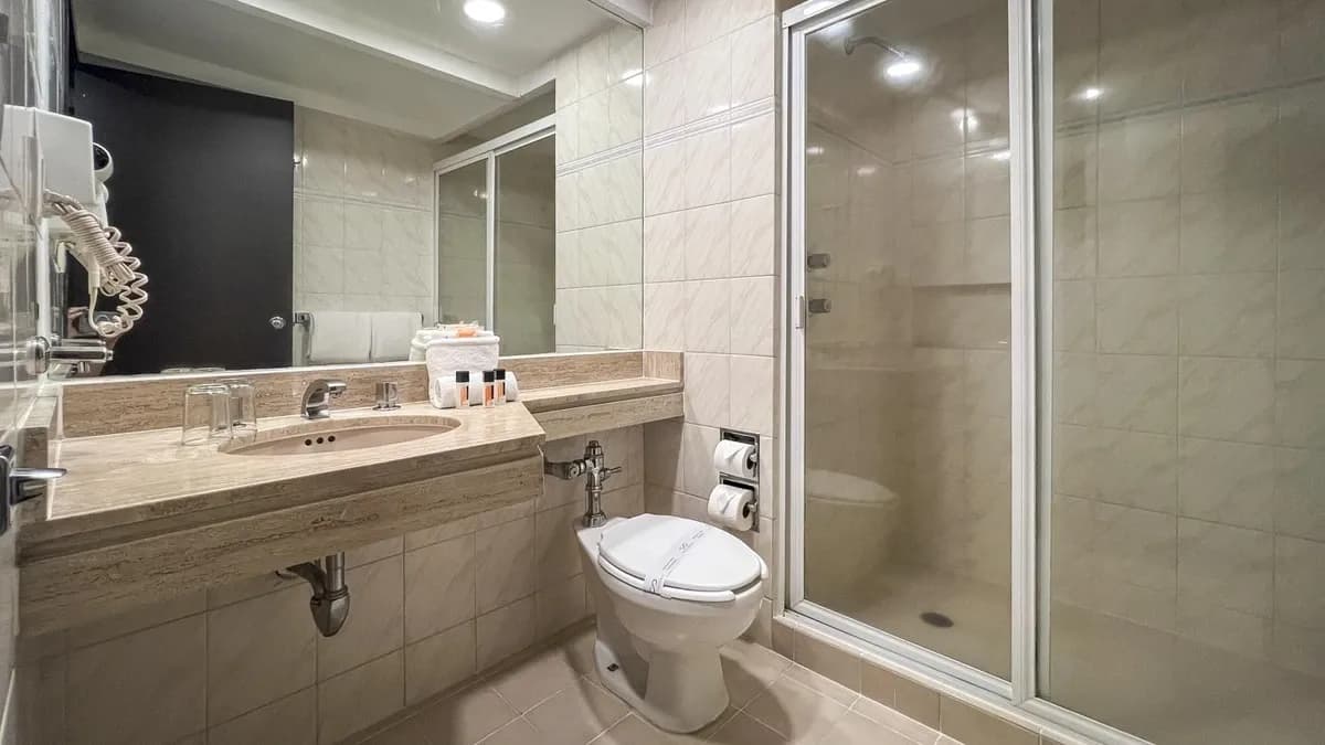 Hotel Catedral 스탠다드룸 욕실. 변기와 세면대가 보입니다. 세면대 위 거울과 어메니티.