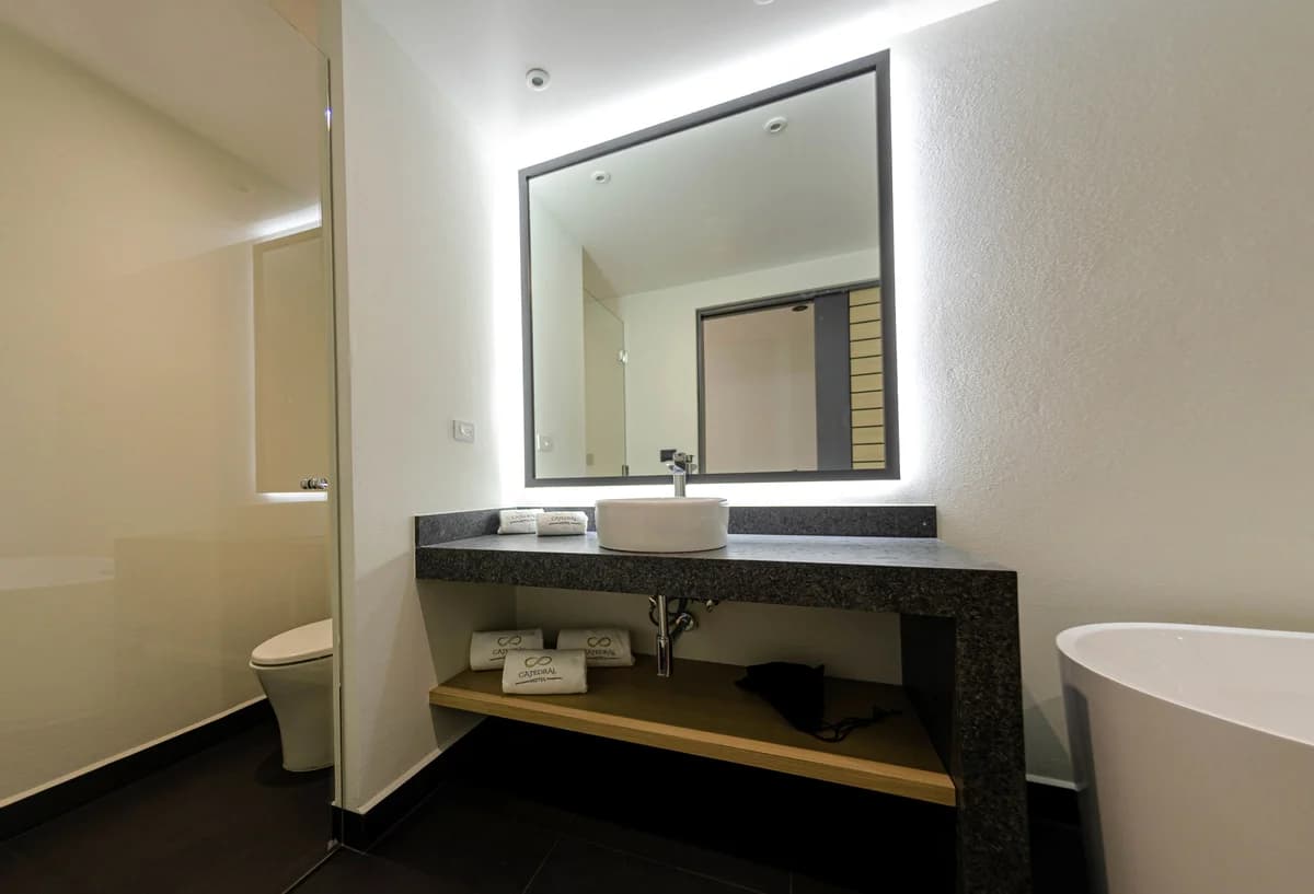 Hotel Catedral. Corner suite. Bathroom with luxury shower and deep soaking tub.