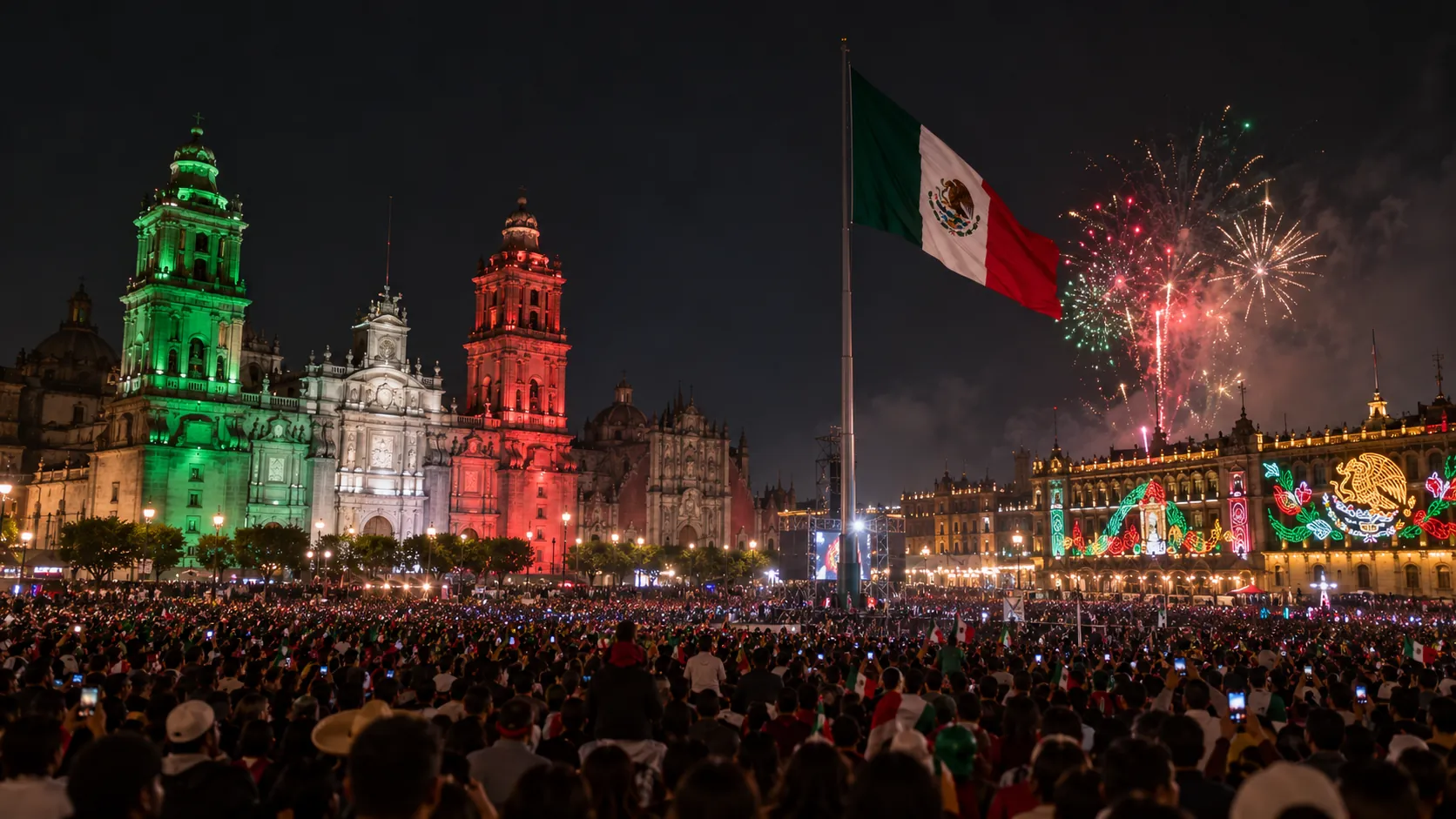Mexico City's Zócalo lit in green, white and red on the night of the Grito de Independencia
