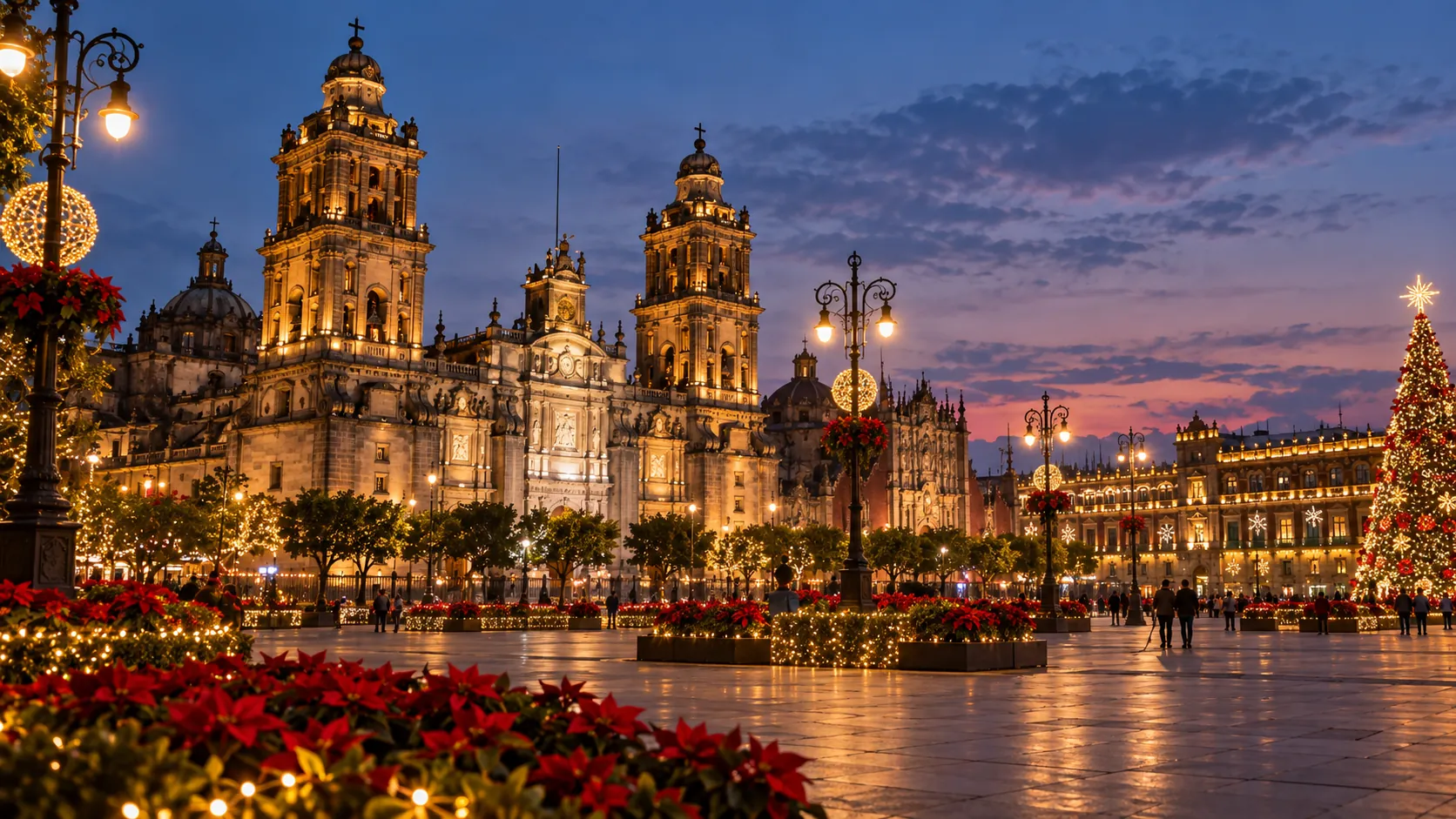 The Metropolitan Cathedral and the Zócalo with lights and poinsettias at Christmastime